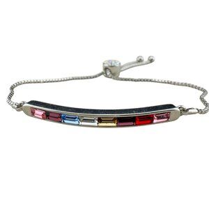 Adjustable Silver-Tone Box Chain‎ Bracelet With Multi-Colored Glass Stones